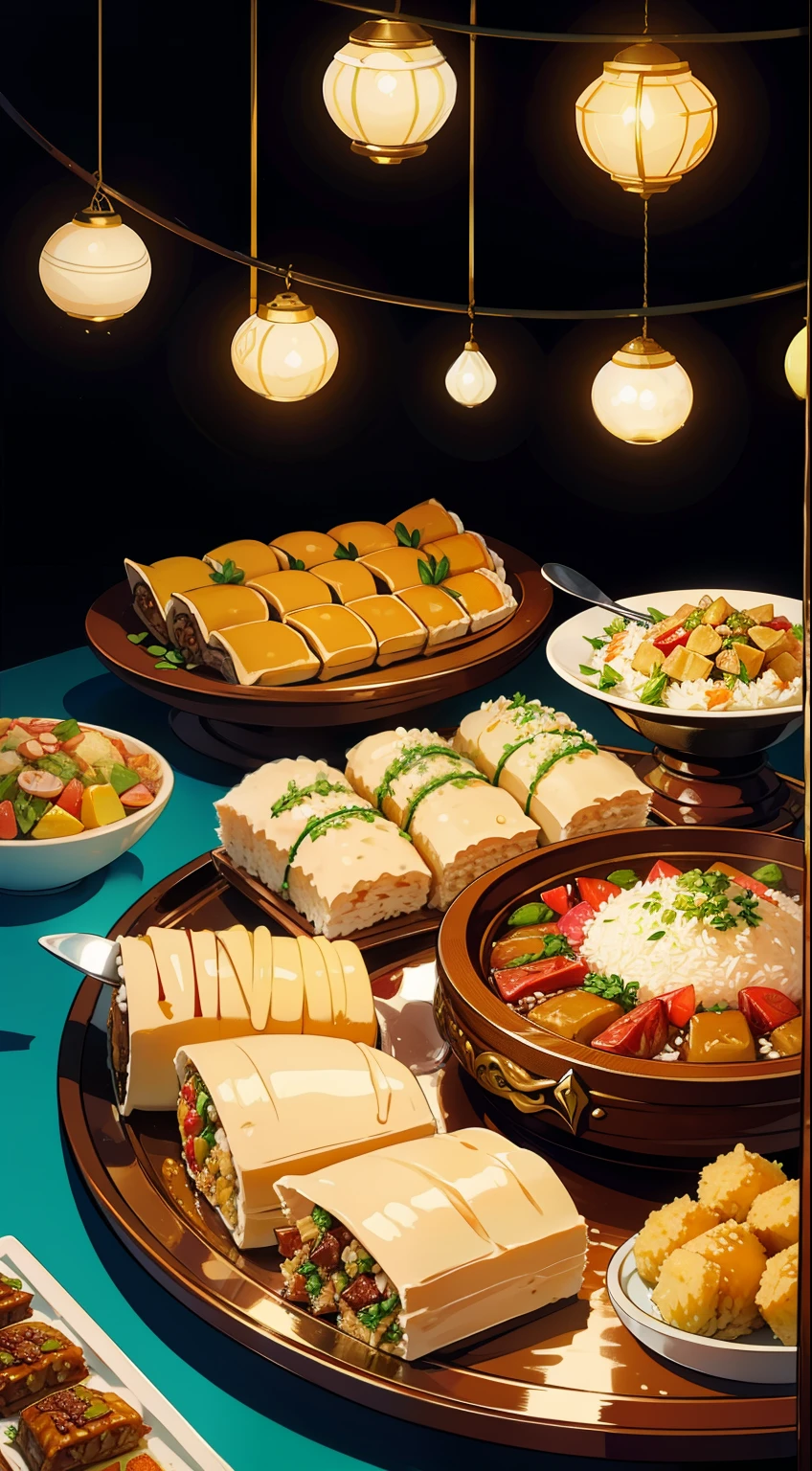 Illustration of lavish serving of delicious Eid food, Includes succulent lamb and goat dishes, Fragrant rice, There is also a wide selection of delicious sweets such as baklava and ma'amoul..