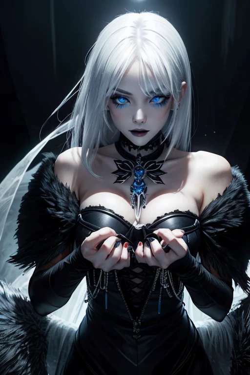 black clothing, goodlooking, beauty face, gothic art, goth, white hair, blue eyes, ice im hands, blue tattoos