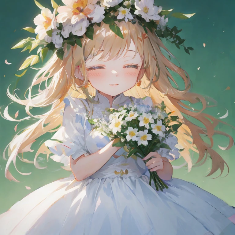 Anime girl with flowers in hair holding bouquet, guweiz, guweiz on pixiv artstation,  in dress, guweiz on artstation pixiv, She has a crown of flowers, artwork in the style of guweiz, flower queen, flower tiara, Cute anime waifu in a nice dress, guweiz masterpiece