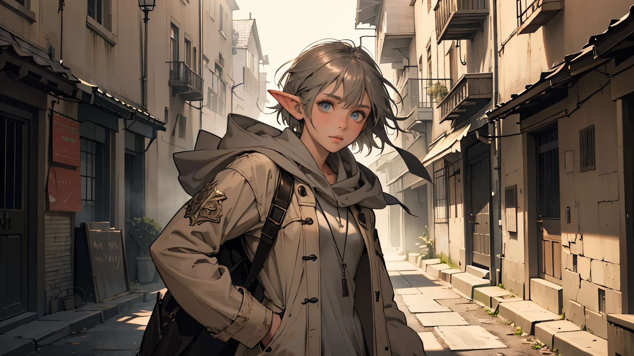 masterpiece, ultra detailed, 8K Portrait, Raw photo, a portrait photo of girl, Highly detailed face, beautiful and meticulous eyes, ((Fantasy)), (elf:1.0), 1girl, 10 year old, young girl, little, gray short hair, brown eyes, Kind face, skinny, (dirty and tattered clothes), dirty and tattered hooded long white coat Fluttering in the wind, ((bare foots)), Midday Sun, Hyper realistic, in a medieval back alley, Ambient lighting, Shadow details , strong breeze, Light fog