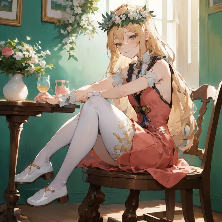 Anime girl sitting on a chair with a wrealist on her head, Cute anime waifu in a nice dress,  in dress, Beautiful anime girl, blonde anime girl with long hair, pretty anime girl, charming anime girls, guweiz, Cute anime girl, beautiful alluring anime woman, lovely languid princess, beautiful anime woman, beautiful anime art