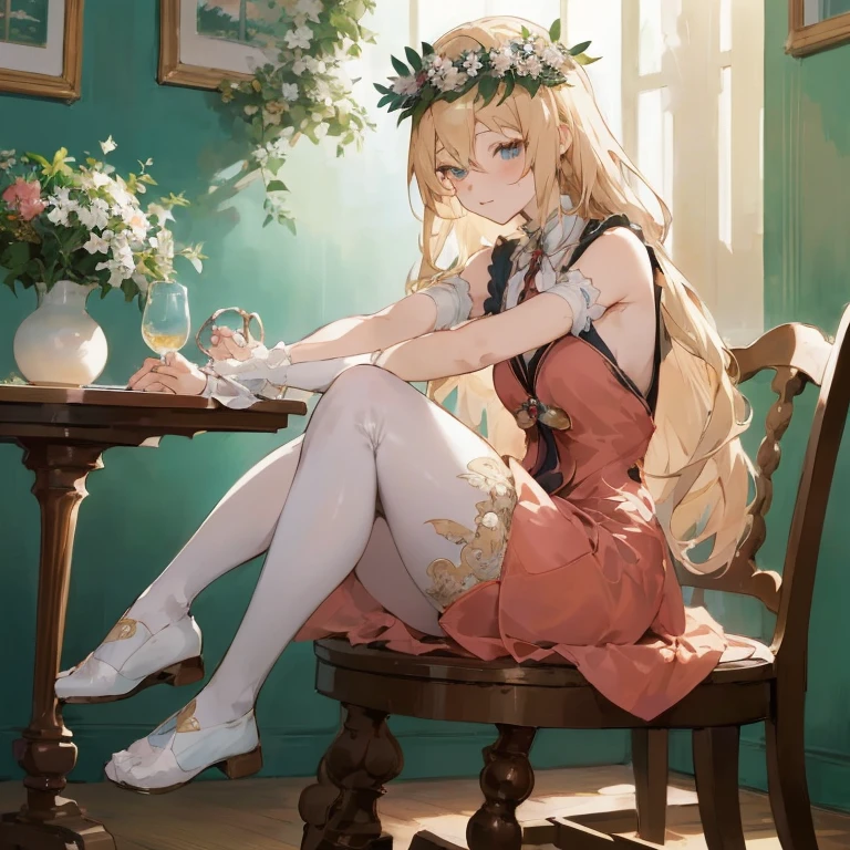 Anime girl sitting on a chair with a wrealist on her head, Cute anime waifu in a nice dress,  in dress, Beautiful anime girl, blonde anime girl with long hair, pretty anime girl, charming anime girls, guweiz, Cute anime girl, beautiful alluring anime woman, lovely languid princess, beautiful anime woman, beautiful anime art
