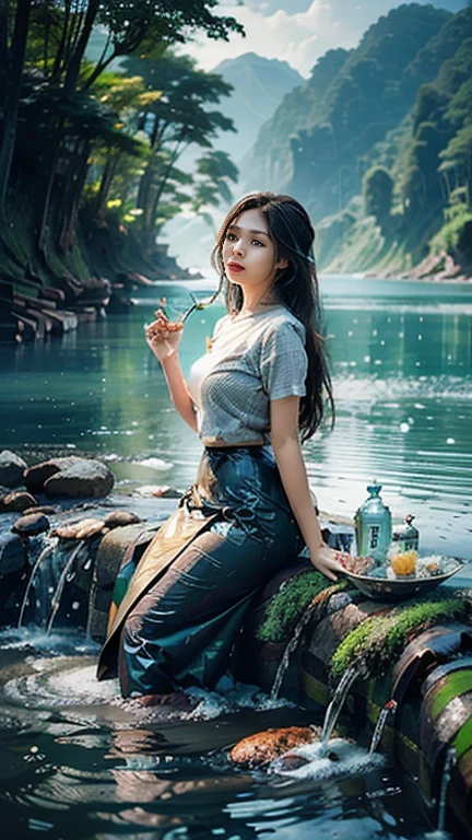 No top, long skirt is covered A beautiful Burmese woman takes a relaxing bath by the river.  Bathing with a glass of water and the whole body being wet.