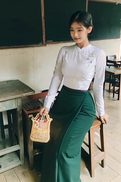 A school teacher is 30years old.Tall, thin, big hips, big breasts, black hair, small lips, brown eyes, attractive, K.Top=white Burmese blouse,With long sleeves,Buttoned at the side.Bottom=(Dark green) long skirt.
Footwear=female Burmese sandals,The hair is knotted bun.