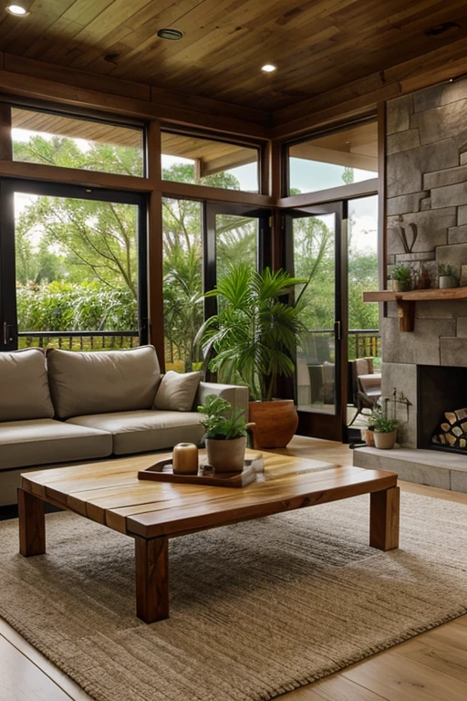 biophiliv interior design with plants, wood , stone featuring Coffee table