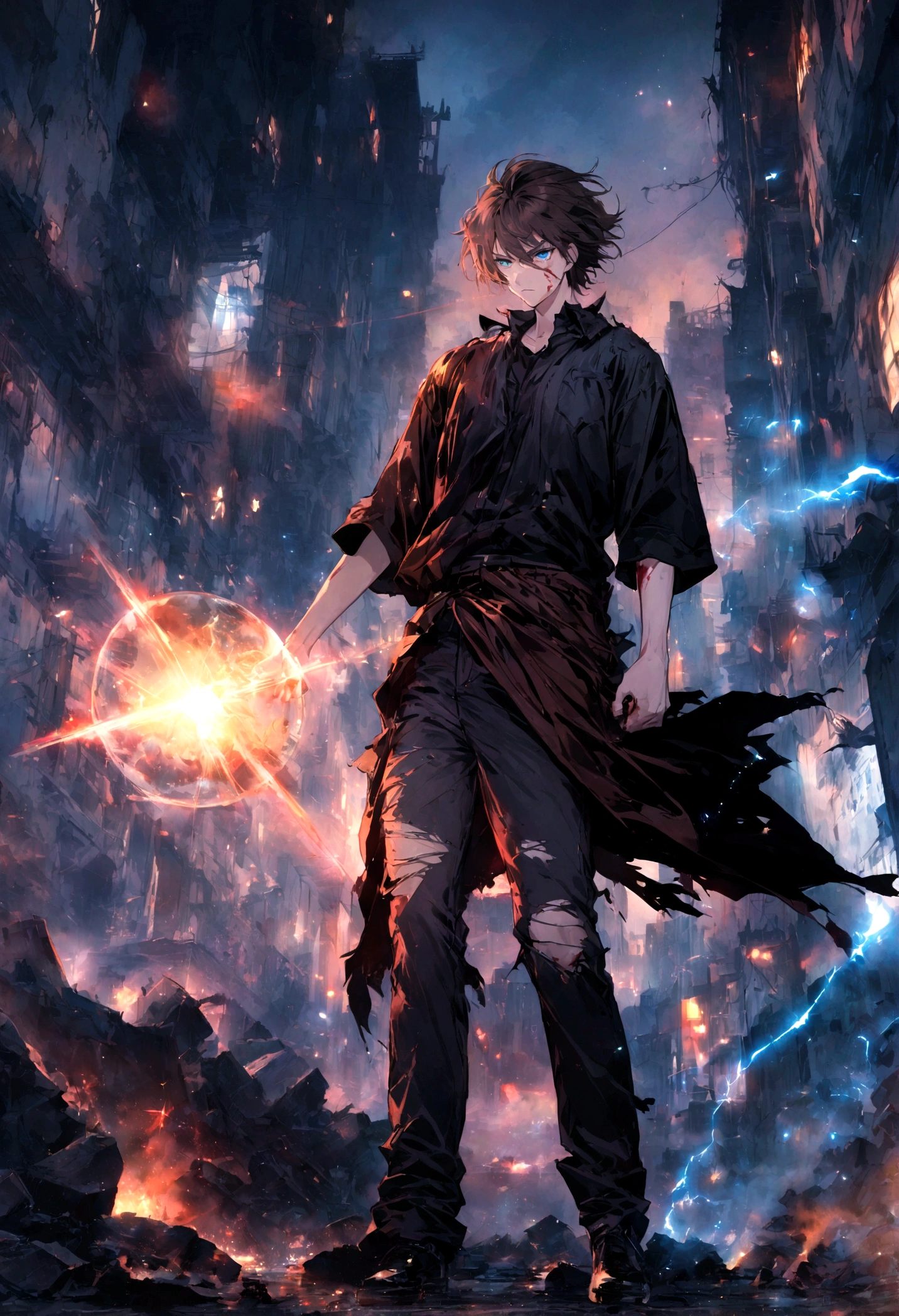 masterpiece, work of art, best quality, extremely detailed, epic image, illustration, male anime character, Masami kurumada style, 22 years old, white skin, dark brown hair, serious facial expression, scratched and injured face, blood on face, blue eyes, beautiful detailed eyes, worn and torn basic black shirt, torn dark jeans, stained with blood, character stained with blood, fighting stance, with an aura of bright white energy around the body, a lot of energy, energy shining brightly, holding a white energy sphere shining with bursts of blue electricity right hand, hadouken, accumulating energy before attacking, magic, lighting effects, full body image, tall buildings in ruins in the background, lots of rubble in the street, dark night environment, no artificial lighting, just lighting from the moon and stars in the sky, no artificial light, collapsed buildings, darker environment, full body character