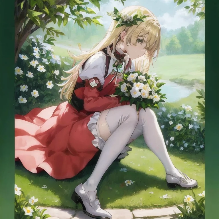 anime girl sitting on the ground with a flower in her hand, Violet Evergarden,  in dress, Rin, inspired by Li Chevalier, sakimichan, cushart krenz key art feminine, guweiz, cushart krenz, ( ( ( yoshinari yoh ) ) ), portrait of Lolita, with flowers, Official art