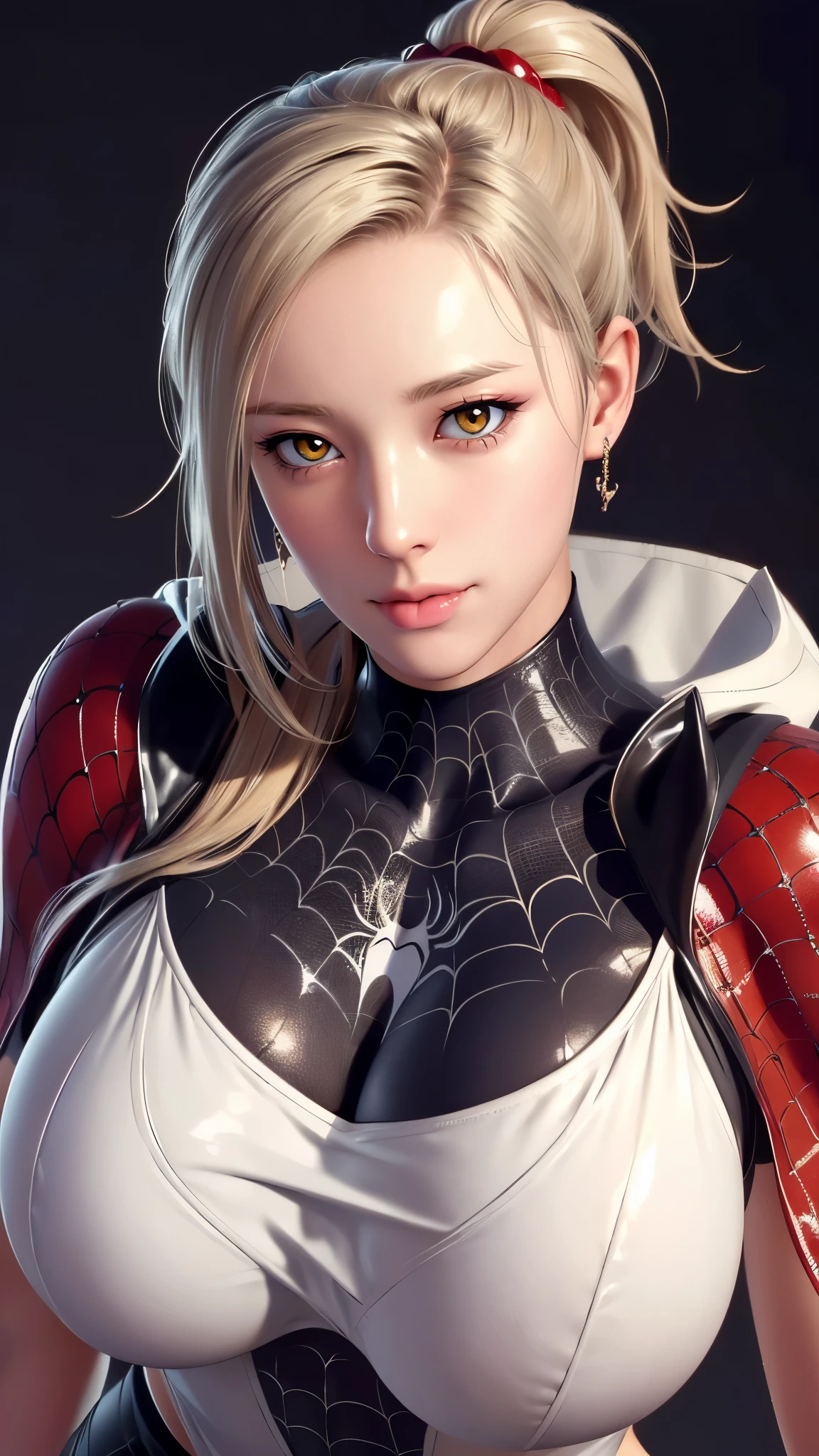 (（（Perfect body,White and tender skin,（（（spider man,black Spider Man costume,spider tights,(red cloak:1.2)）））,（（（blonde hair, Bangs, hair accessories, ponytail, yellow eyes,  orange eyes,  hair between eyes,）））,((masterpiece)),highres,((Best quality at best)),masterpiece,quality,Best quality,(（（ Exquisite facial features,Looking at the audience,There is light in the eyes,(（（Open your mouth,Separate your lips,ahegao,Sticking out tongue））））））,（（（Light and shadow,Huge breasts,）））,（（（Looking at the camera,black background,Close-up of face)））)