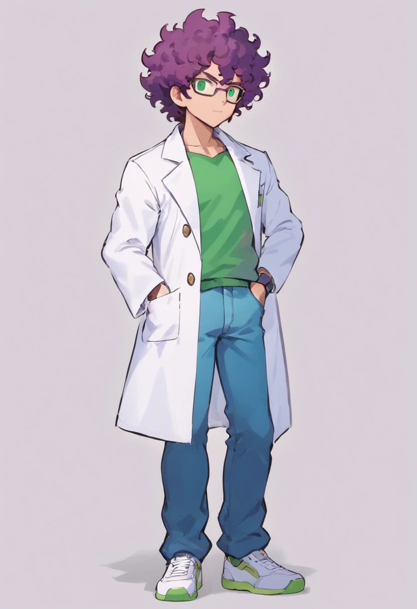 1man, 20s, strong body, latin, chin stubble, square face, tan skin, ((purple curly fluffy hair)), medium lenght hair, (green eyes), cool facial expression, (nice hands),  grey turtleneck, lab coat, spectacles, jeans, white sneakers [pose with body turned in profile looking at viewer], determined facial expression, simple backgroun