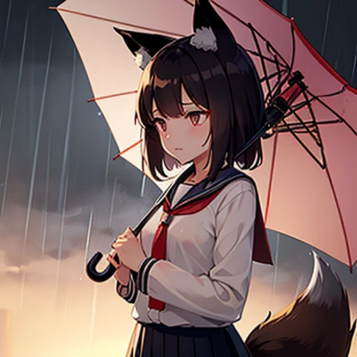 Kitsune, girl, school girl, nut-brown hair, cute, short, beauty, in rain, rain, umbrella, holding a umbrella, under rain, Kitsune girl under rain, fox ears, fox tail, black eyes, cloudy weather, a bit sad eyes, sad, almost crying, girl looking down,wet clothes, girl looking down