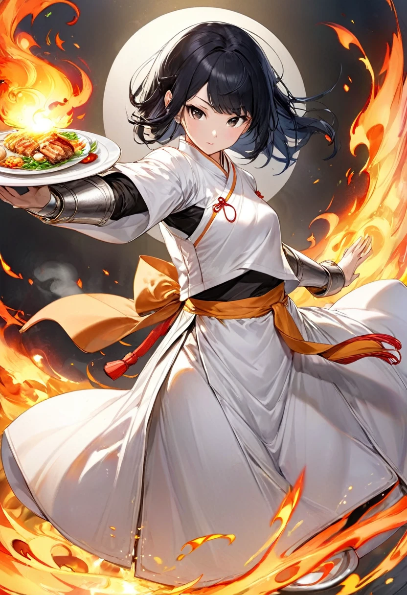 Asian、Black Hair、Cook、Teenage Girl、Kung Fu、Wearing white monk clothes、Plate Armor、Alone、Use the fire ability、active character
