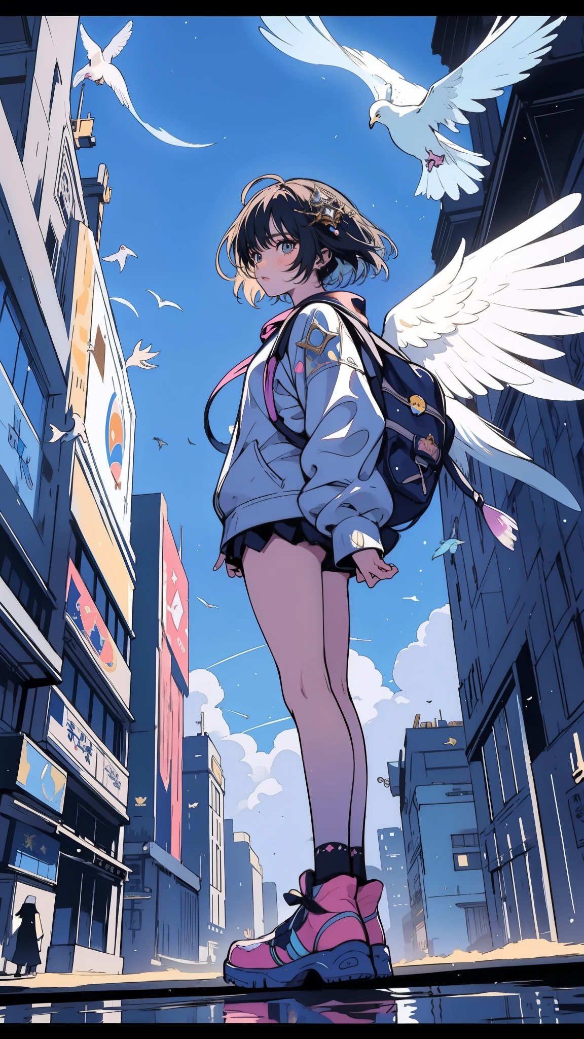 A lone teenager stands at the edge of a floating city built of celestial metal. Towering structures shimmer in the sunlight, casting intricate shadows. Ethereal doves with glowing feathers soar gracefully through the air, adding to the otherworldly beauty of the scene, style art incorporating elements of Makoto Shinkai, Studio Ghibli, Genshin Impact, James Gilleard, Greg Rutkowski, Chiho Aoshima, golden ratio composition, enhanced with pixiv Fanbox trends, acrylic palette knife textures, golden ratio, trending. 