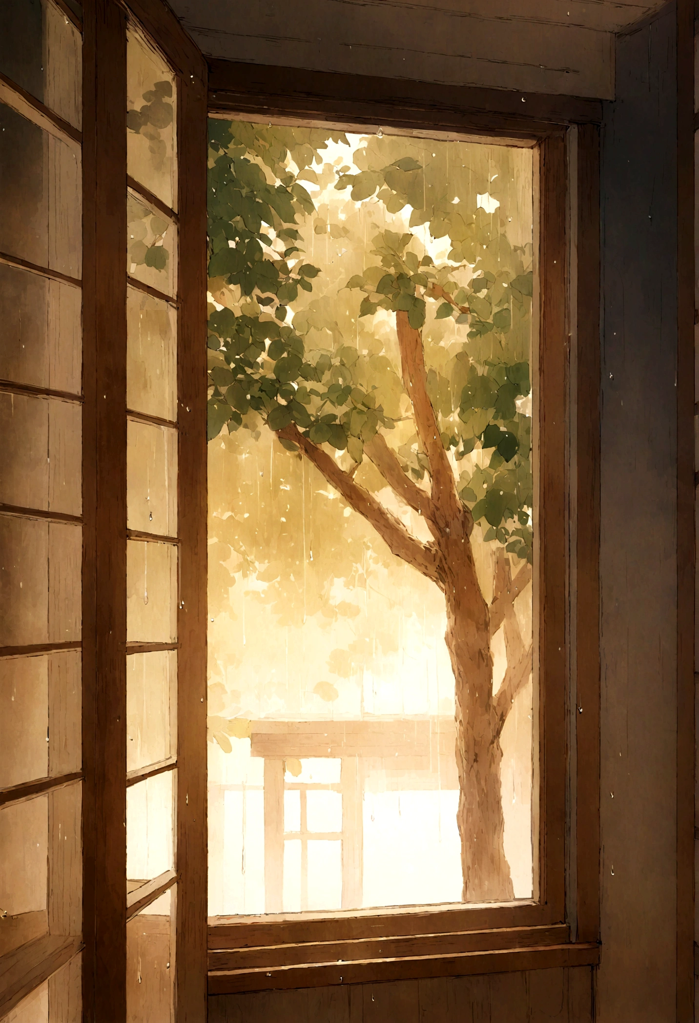 Background image of gentle rain falling outside the window of a warm room