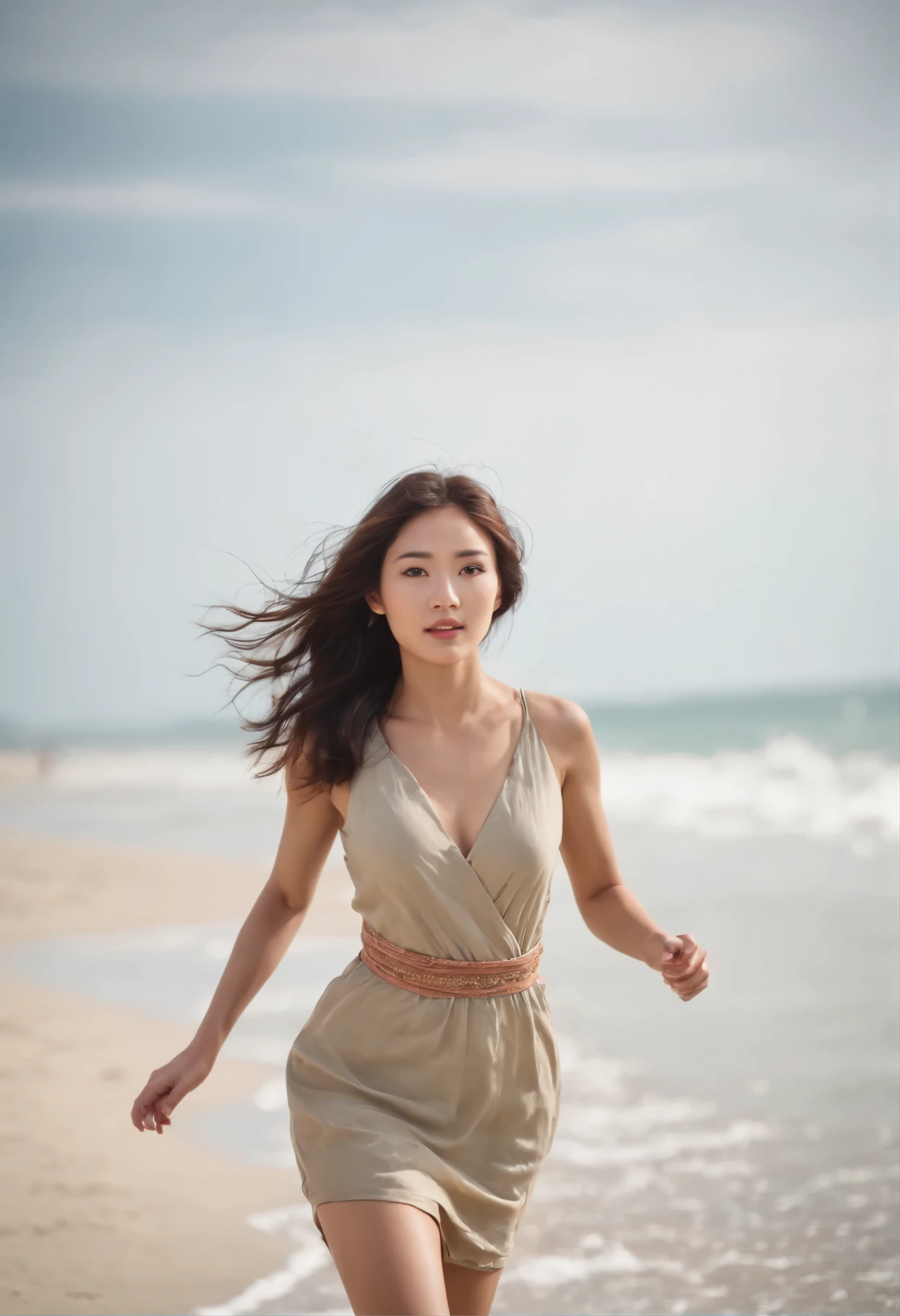 An beautiful oriental woman model running in a beach