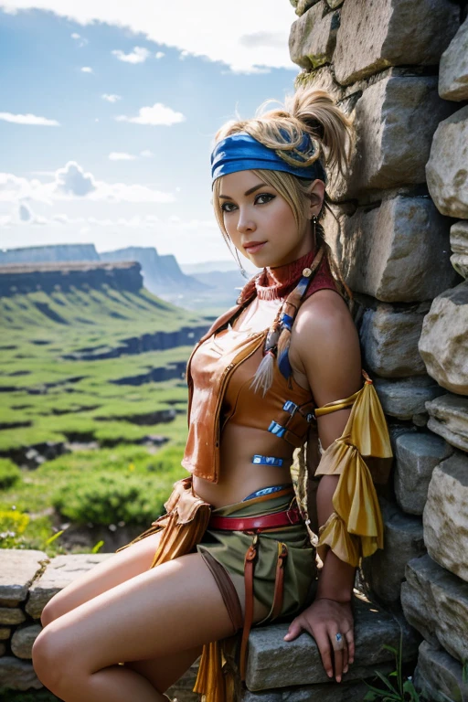 Rikku, the vibrant and lively Vygasian heroine from Final Fantasy X-2, is depicted in this stunning image. She sits confidently on an old stone wall, with one leg crossed over the other, exuding an aura of strength and determination. A gentle breeze playfully ruffles her short bobbed hair, adding an element of dynamism to the scene. Rikku's trademark blue and white mini-dress adorned with loops and pockets is visible, as well as her signature bandana around her neck. With a smirk on her lips and her piercing blue eyes focused intently on the viewer, Rikku strikes an utterly captivating pose.