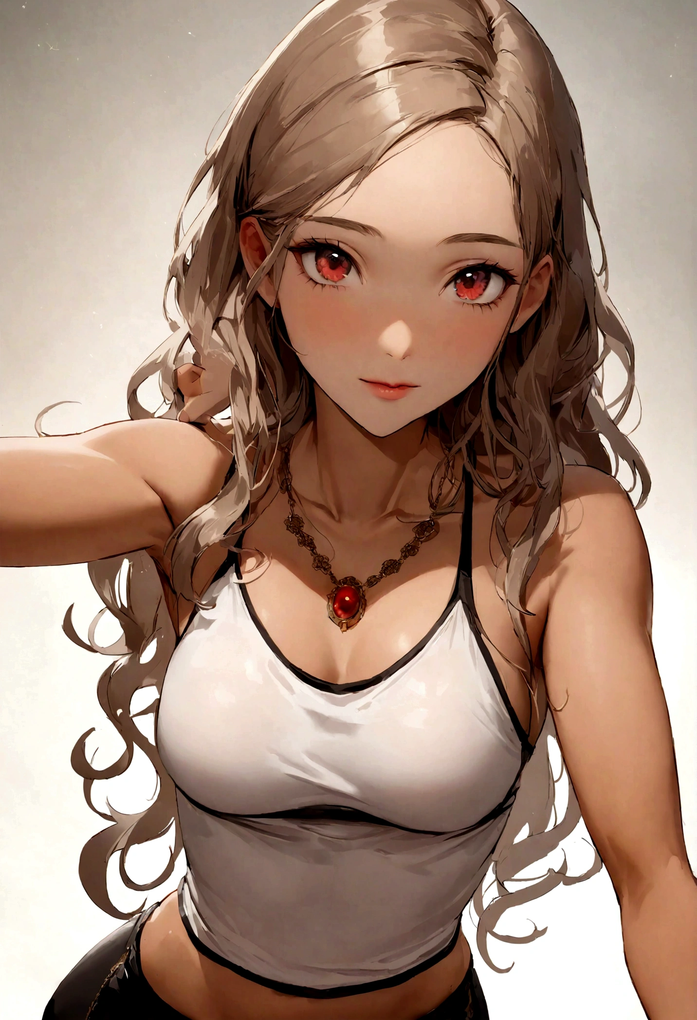  Woman wearing a white tank top and necklace, Fille sexy , Tanned skin, Portrait de Sophie Mudd, cheveux bruns et grands yeux, une jeune femme,  Sans maquillage, Maquillage naturel, regardant directement la caméra, , maquillage subtil, Impresionante foto de corps entier, yeux verts perçants, bel angle, pose attrayante, mignon , pose sexy, Image du corps entier, corps entier, séance photo sur tout le corps, Brown Goddess, high detail, Pose satisfaite, pantalon en cuir, poitrine apparente