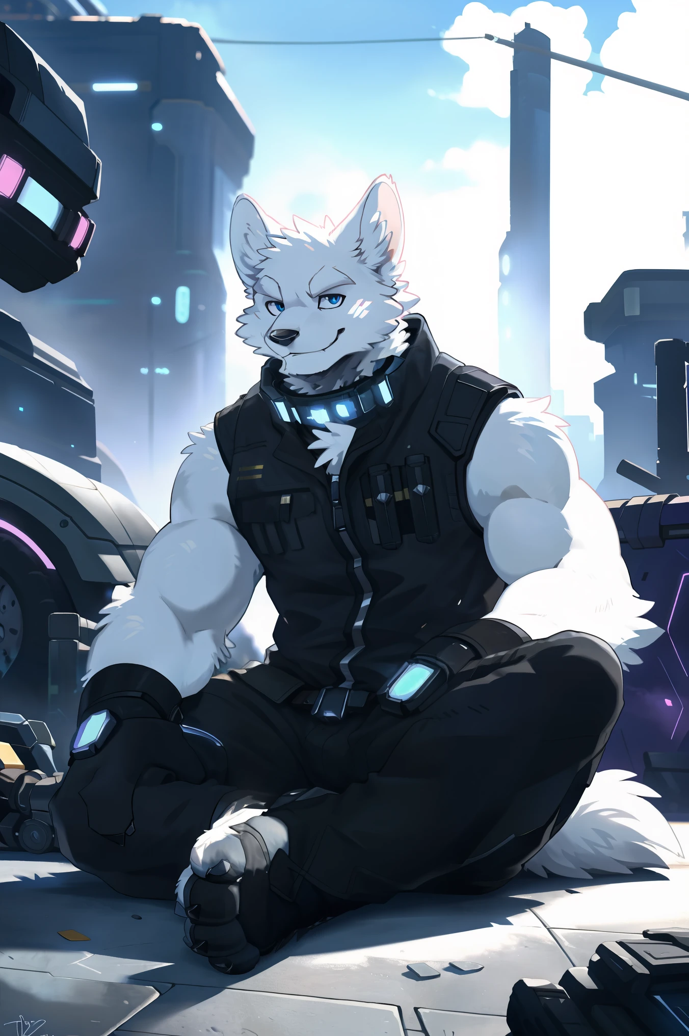 ((all white fur:1.5)), solo, Perfect sky blue eyes, Spike Collar, (artist:Takemoto Arashi), Mature face, elder, longeyelashes, Wearing actical functional work colthing|Black pants, ((Thin and tall figure)), ((sit on the ground)), fang out, Smile evilly, (Cyberpunk:1.5), oral invitation, local ruffian, rogue, maliciously, There is a high-tech motorcycle next to the character, Look at the audience, sitting, first-person view, from side, atmospheric perspective, super detail, high details, 8k