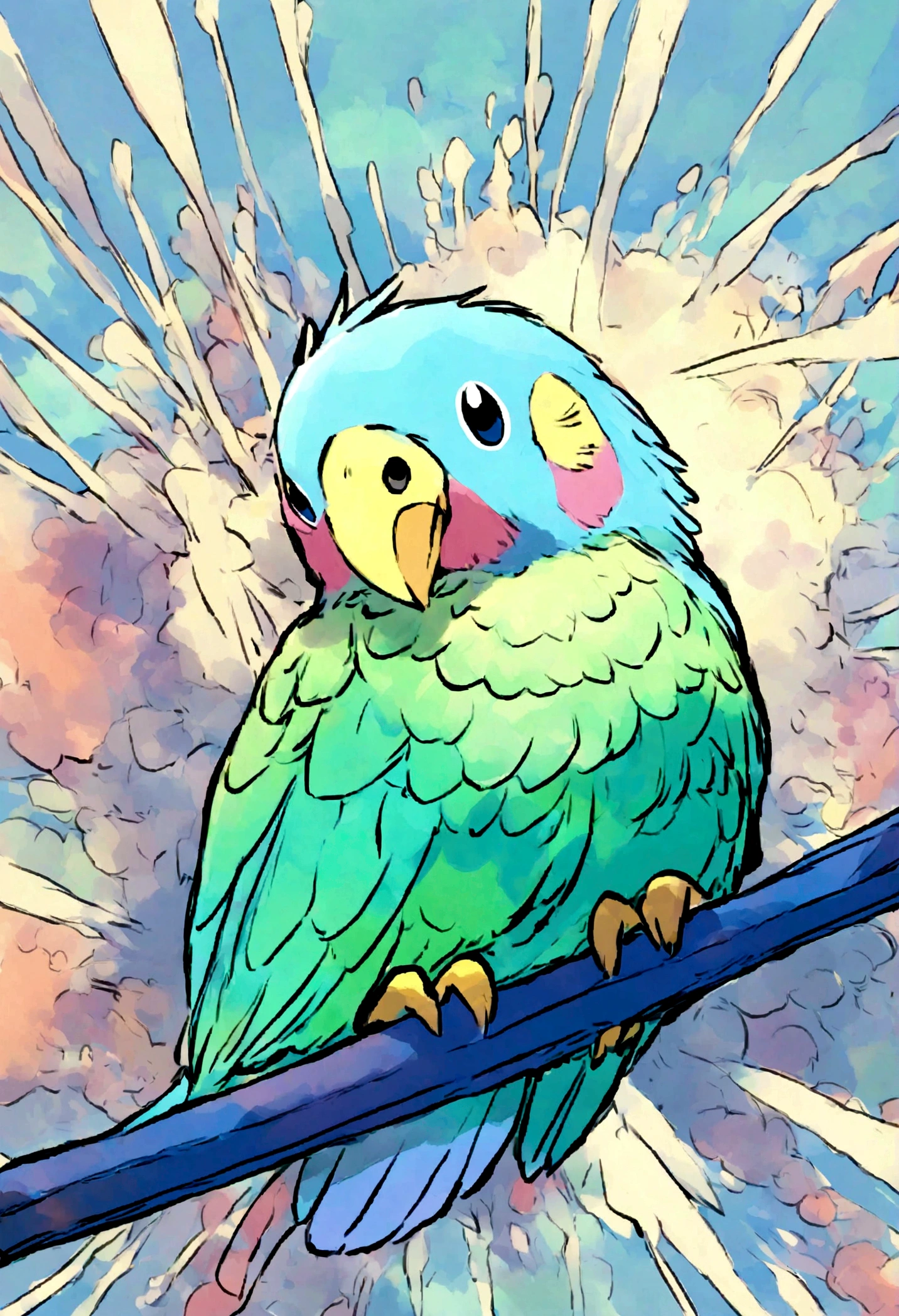 Pokémon-style drawing of a budgerigar, Please be very detailed,Blue parakeet