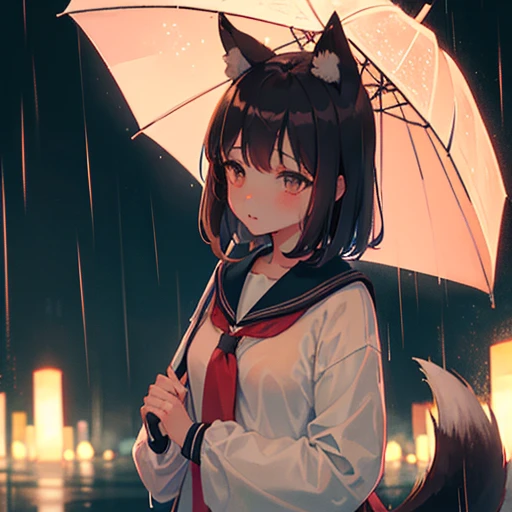 Kitsune, girl, school girl, nut-brown hair, cute, short, beauty, in rain, rain, umbrella, holding a umbrella, under rain, Kitsune girl under rain, fox ears, fox tail, black eyes, cloudy weather, a bit sad eyes, sad, almost crying, girl looking down,wet clothes, girl looking down