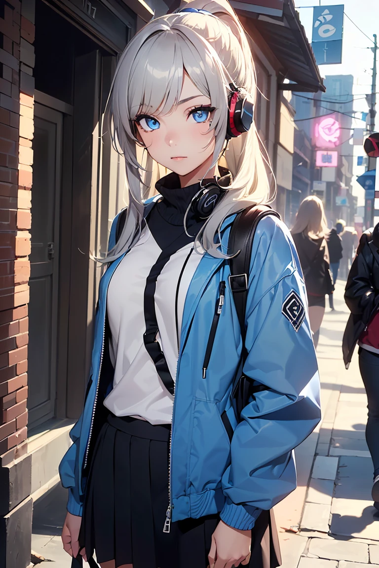 ((1 girl)), Latest Trends in Clothing, Slanted Eyes, Headphones on neck, rucksack, Cowboy Shot, Colorful jacket, Street fashion,Stylish clothing, Medium chest, ponytail, skirt,((Very detailed,highest quality, High resolution, 8k wallpaper, Beautiful clothes,)),((Light grey hair, Shortcuts, ((Asymmetrical bangs)) ,(Bright Blue Eyes),eye shadow, eyeliner,Glow Eye, Very detailedな目, Complex eyes, Beautiful Eyes, 輝くBright Blue Eyes、18-year-old girl