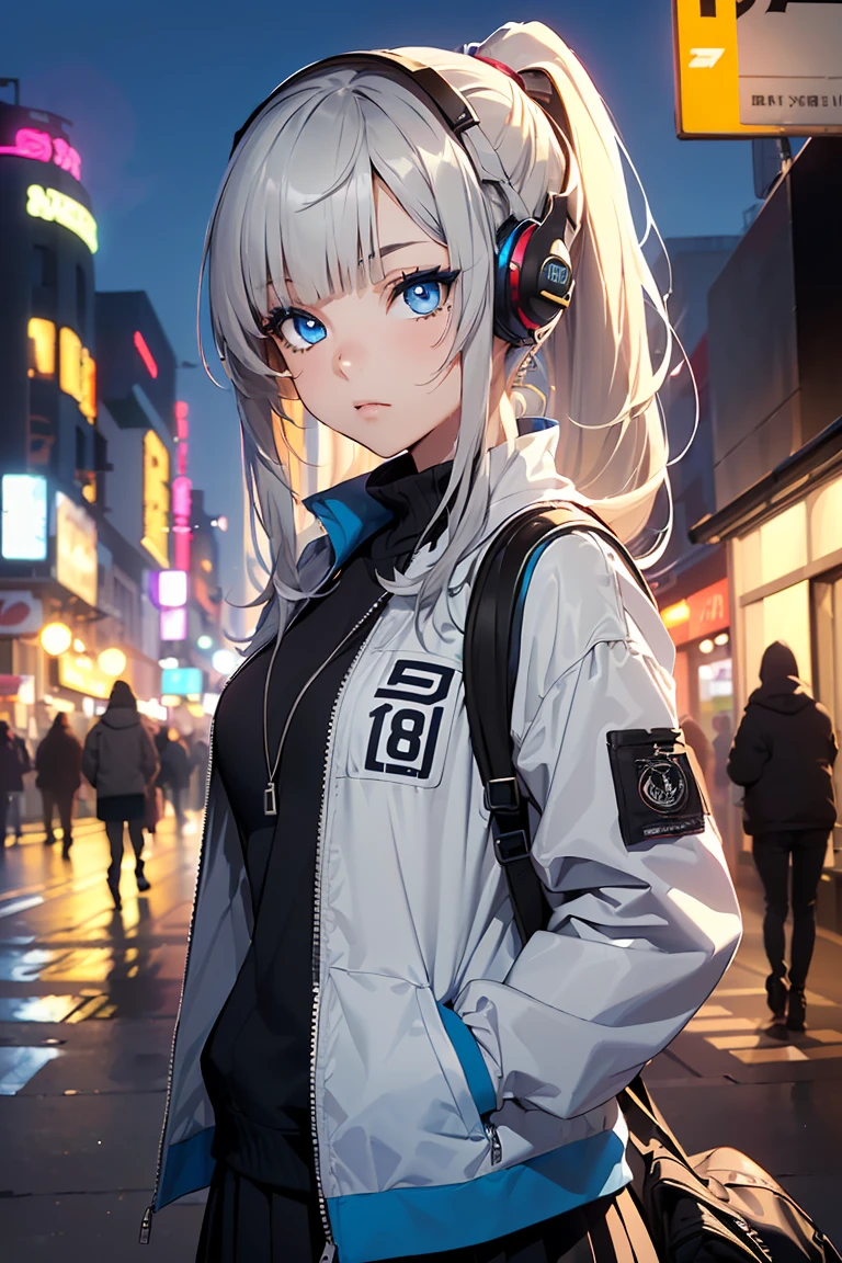 ((1 girl)), Latest Trends in Clothing, Slanted Eyes, Headphones on neck, rucksack, Cowboy Shot, Colorful jacket, Street fashion,Stylish clothing, Medium chest, ponytail, skirt,((Very detailed,highest quality, High resolution, 8k wallpaper, Beautiful clothes,)),((Light grey hair, Shortcuts, ((Asymmetrical bangs)) ,(Bright Blue Eyes),eye shadow, eyeliner,Glow Eye, Very detailedな目, Complex eyes, Beautiful Eyes, 輝くBright Blue Eyes、18-year-old girl