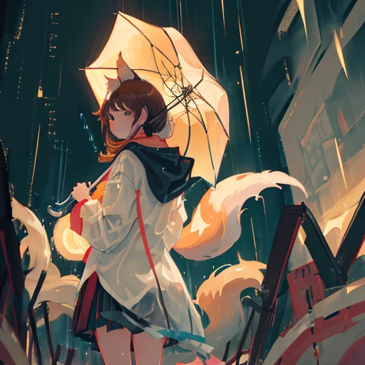 Kitsune, girl, school girl, nut-brown hair, cute, short, beauty, in rain, rain, umbrella, holding a umbrella, under rain, Kitsune girl under rain, fox ears, fox tail, black eyes, cloudy weather, a bit sad eyes, sad, almost crying, girl looking down,wet clothes, girl looking down