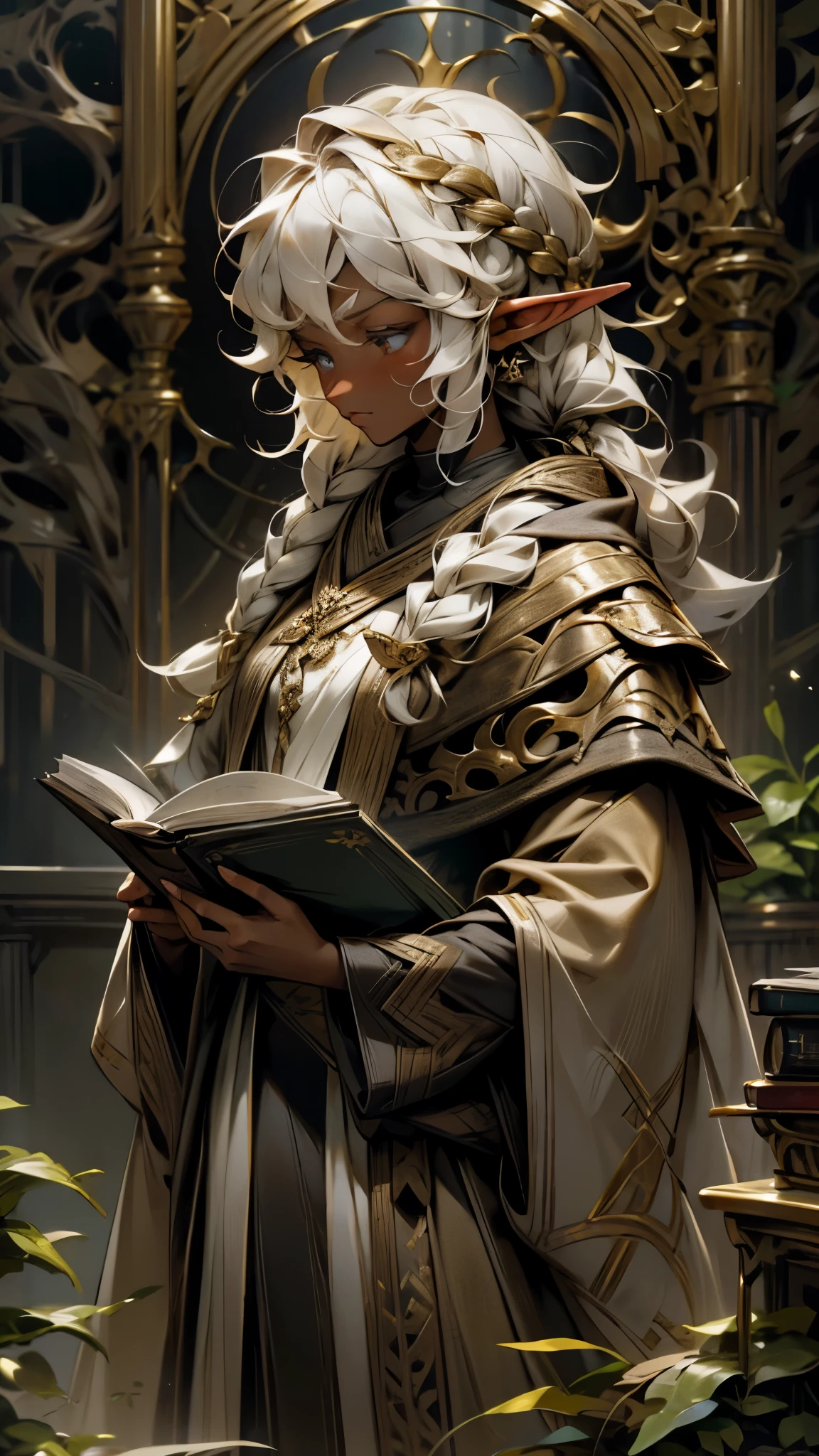 An elf with brown skin and large, curly white hair with a braid on one side covering her shoulder, she is wearing black and gold robes with her staff at her side, reading a book while looking thoughtful and reflective