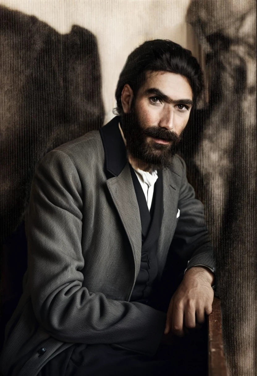 arafed man with a beard and a black coat and white blouse is sitting in an old restaurant ,, portrait of bedouin d&d, sergey zabelin, inspired by irakli nadar, inspired by Santiago Martínez Delgado, inspired by Alphonse Legros, by Artur Tarnowski, inspired by Gabor Szikszai, fine portrait