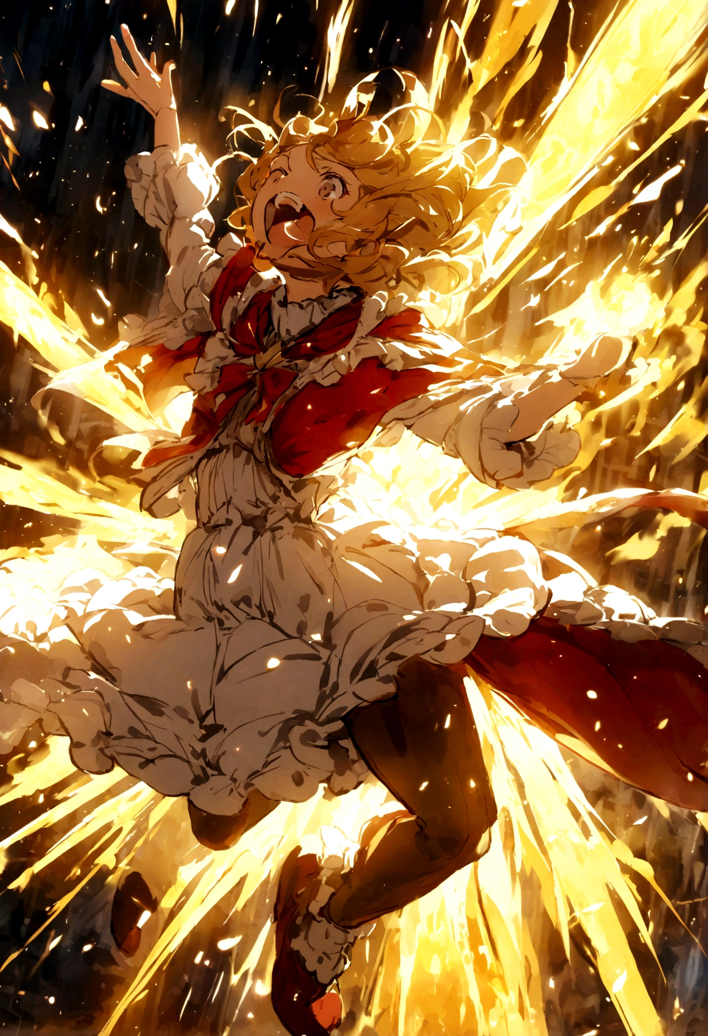a character in a intense fight magical beams shoot out from both sides as both characters jump in joy and laugh