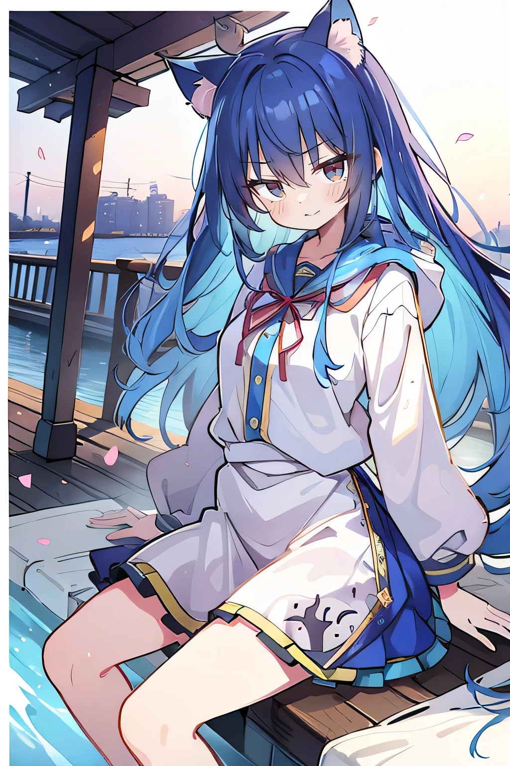 (masterpiece:1.2),Super detailed,lifelike,Expressive eyes,fair skin,perfect face shape,1 girl,
Japanese comics,Gorgeous blue hair,flowing blue hair,flowing clothes,Cat ears,Petals fall,beautiful lola,Baby Angel,sunrise,
Shaking head with one hand,Cross your legs,Gentle and peaceful background,The pavilion is cool and comfortable,smile, wearing hoodie, background of tokyo,back views,snowing, winter,seaside,wet clothes,A smile,A faint smile,。
