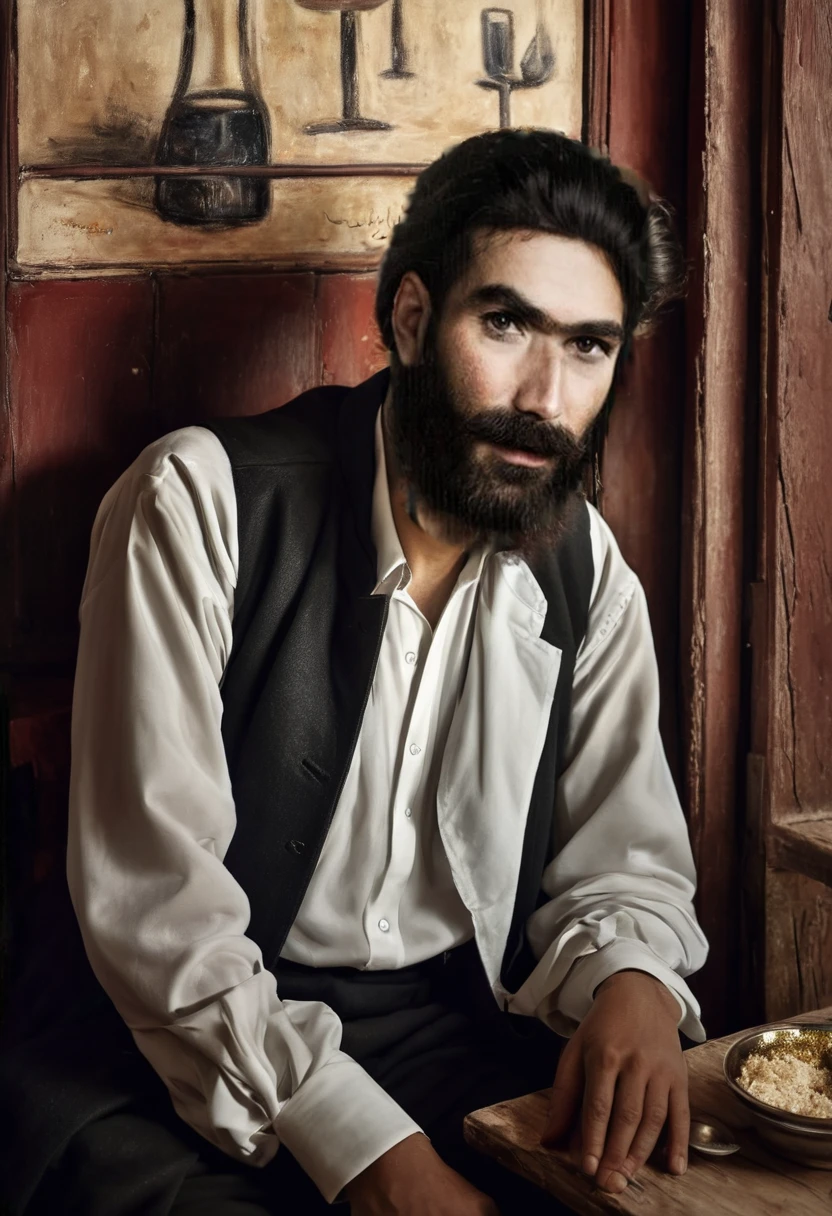 arafed man with a beard and a black classic coat and white blouse is sitting in an old restaurant ,, portrait of bedouin d&d, sergey zabelin, inspired by irakli nadar, inspired by Santiago Martínez Delgado, inspired by Alphonse Legros, by Artur Tarnowski, inspired by Gabor Szikszai, fine portrait
