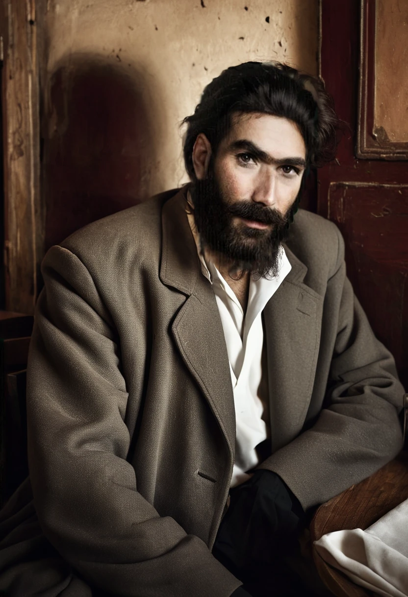 arafed man with a beard and a black classic coat and white blouse is sitting in an old restaurant ,, portrait of bedouin d&d, sergey zabelin, inspired by irakli nadar, inspired by Santiago Martínez Delgado, inspired by Alphonse Legros, by Artur Tarnowski, inspired by Gabor Szikszai, fine portrait