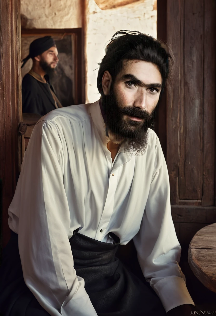 arafed man with a beard and a black classic coat and white blouse is sitting in an old restaurant ,, portrait of bedouin d&d, sergey zabelin, inspired by irakli nadar, inspired by Santiago Martínez Delgado, inspired by Alphonse Legros, by Artur Tarnowski, inspired by Gabor Szikszai, fine portrait