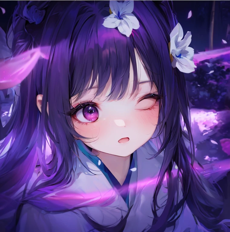 Lingluo doll。(best quality,8k,masterpiece,masterpiece:1.2)。Half purple,Half black,Pink Eyes,(charming,Shy,gender,young,astringent:1.2)。Ultra Detailed,Watercolor style,fairy tale主题,color palettes,(DetAiled left eye closed,The delicate iris of the right eye:1.2)。It creates a warm and inviting atmosphere。强调astringent。Add a touch of sexiness to the scene。have(muted pastels)。fairy tale,Light,Fighting Spirit Awakening Series Skin Color。Yandere,Q version avatar,Open one eye and close one eye。