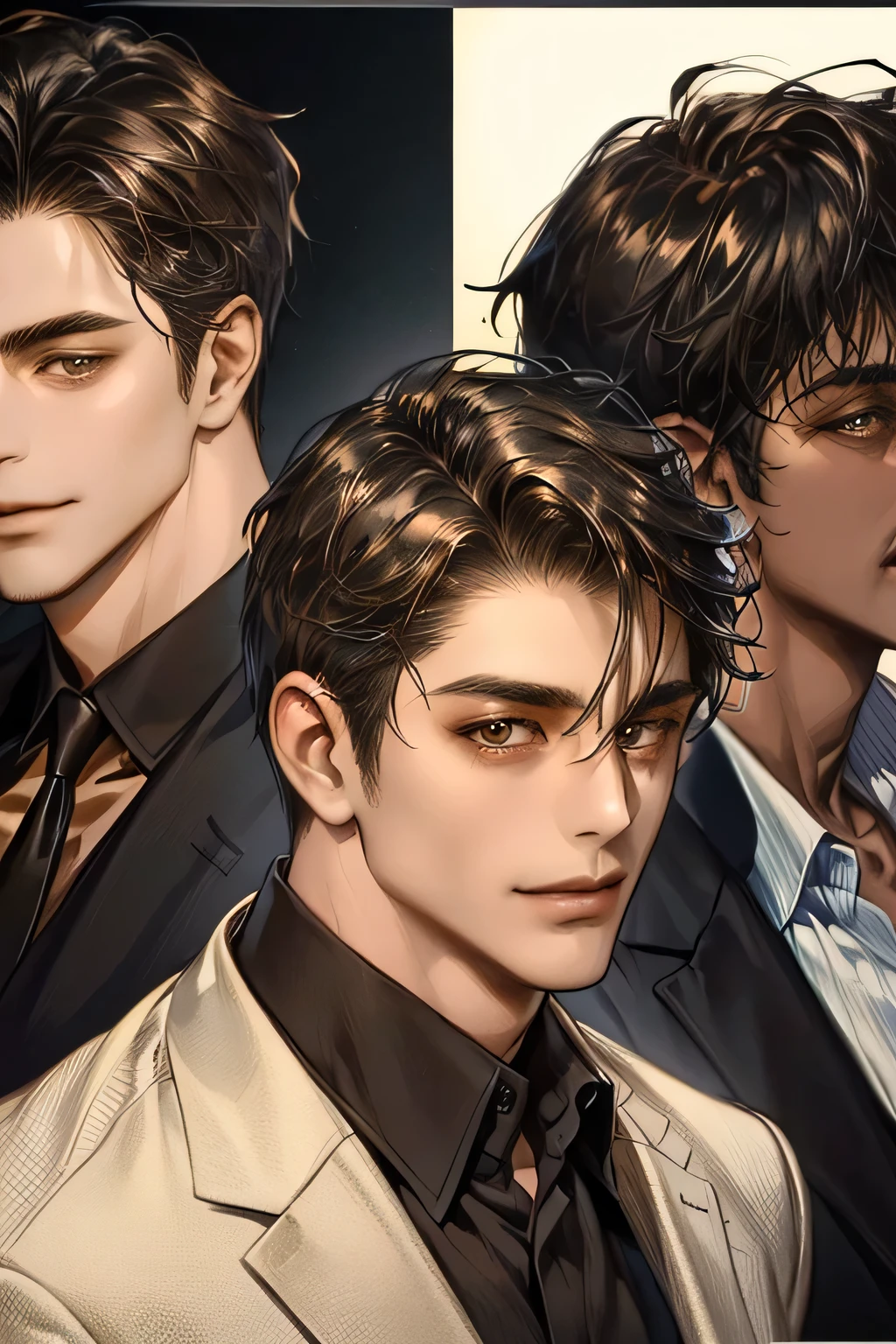 (1 adult man 40 years old), black hair, ((Brown eyes)), (office suit), minimalistic furnishings, Large assembly, half of the body, portrait, good anatomy, (Detailed eyes), ((dark skin)), smile, (bottom up view)