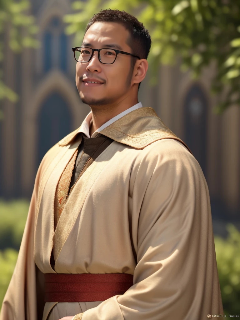 An award-winning original photo，a handsome 38-year-old man, crew cut, (((full body))), (((landscape))), mature man, [slightly fat], asian man, rounded face, brown eyes, ((rounded face)), glasses, fair skin tone, light skin tone, (((balding))), 1boy, Solo, (big shoulders), musculature, (((stubbles, Short beard))), (Beautiful eyes:1.3), (Detailed face:1.3), wearing glasses, Dynamic Angle, volumetric lighting, (Best quality, A high resolution, Photorealistic), Cinematic lighting, Masterpiece, RAW photo, Intricate details, (extremely detailed 8k wallpaper), masterpiece 16k photo, high priest, priest outfit, in the church, fantasy world, priest staff and holy bible, holy power,