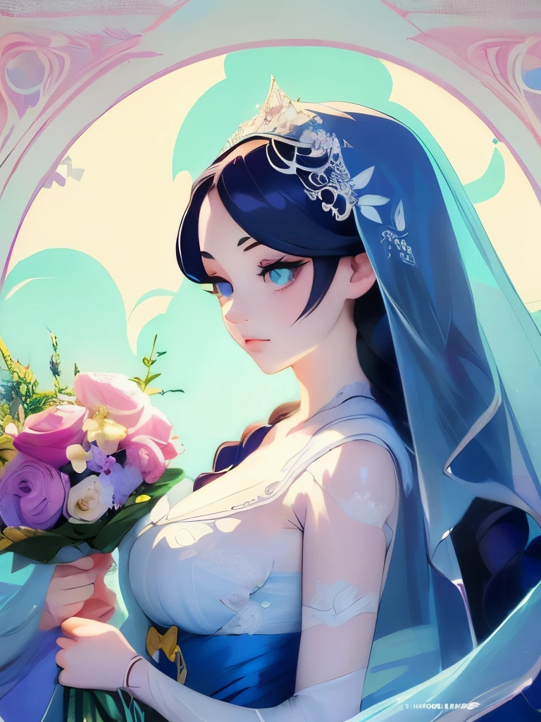 illustration of a woman in a dress with a veil and flowers, an anime drawing by Alice Prin, tumblr, art nouveau, in style of anna dittmann, porcelain skin. studio ghibli, beautiful illustration, the sailor galaxia. beautiful, beautiful drawing style, ?????? bride art style, alphonse mucha and rossdraws, style of charlie bowater, dreamy illustration
