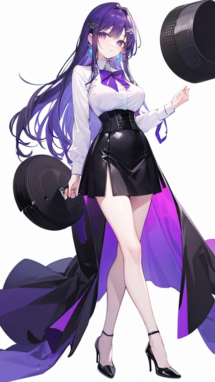 Purple Hair,Long Hair,Adult female,White Y-shirt,((Roll up her sleeves)),(corset),(Black tight skirt),(High heels),((A simple, blank white background)),smile,((full body)),((whole body)),