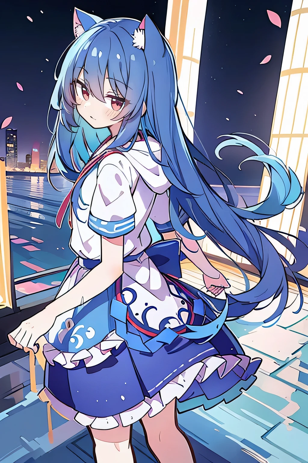 (masterpiece:1.2),Super detailed,lifelike,Expressive eyes,fair skin,perfect face shape,1 girl,
Japanese comics,Gorgeous blue hair,flowing blue hair,flowing clothes,Cat ears,Petals fall,beautiful lola,Baby Angel,sunrise,
Shaking head with one hand,Cross your legs,Gentle and peaceful background,The pavilion is cool and comfortable,smile, wearing hoodie, background of tokyo,back views,snowing, winter,seaside,wet clothes,A smile,A faint smile,。