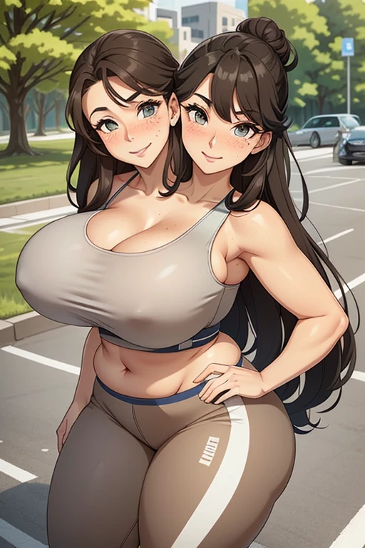 2heads, tall chubby woman with 2 heads. Massive breasts. Mother. Freckles. Outside on park trail. Wearing sports bra, wearing leggings. Straight long brown hair in a bun. Blushing. Happy, smiling. Thick eyeliner. Gorgeous thin mature face. Seductive. Huge thighs. Wife. Blushing. Breathing heavily.
