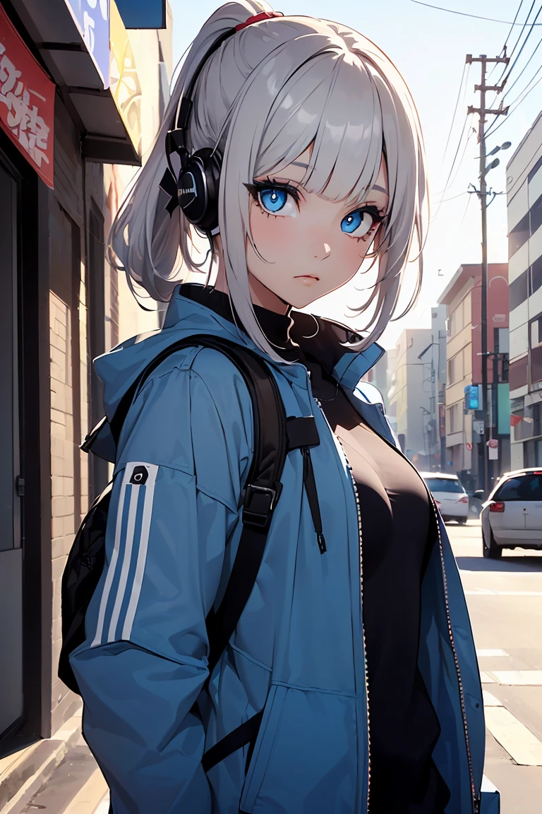 ((1 girl)), Latest Trends in Clothing, Slanted Eyes, Headphones on neck, rucksack, Cowboy Shot, Colorful jacket, Street fashion,Stylish clothing, Medium chest, Short ponytail,((Very detailed,highest quality, High resolution, 8k wallpaper, Beautiful clothes,)),((Light grey hair, Shortcuts, ((Asymmetrical bangs)) ,(Bright Blue Eyes),eye shadow, eyeliner,Glow Eye, Very detailedな目, Complex eyes, Beautiful Eyes, 輝くBright Blue Eyes、18-year-old girl