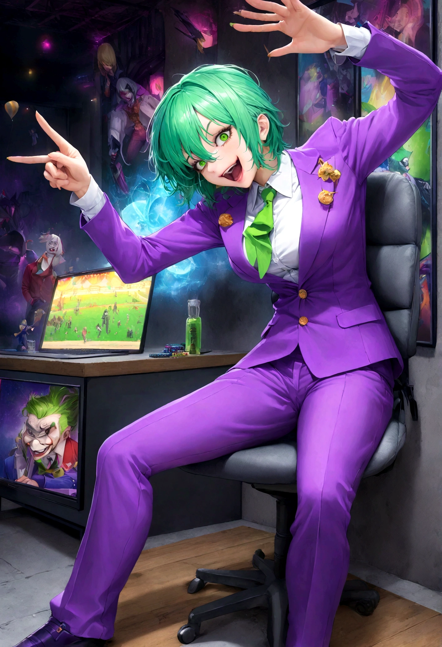 masterpiece, highest quality, Official Art, (Handcrafted by Guido Daniele), Highly detailed CG Unity 8k wallpaper, Batman's Joker, Crazy laughter, Elevation, Circus, Floating point, AdTech, Colorful Symbols , hologram, MatWear Tech , SF, cyber punk, Pixelated, Malware glitch, Purple long suit, Purple Pants, evil党, evil, Dynamic pose, Green Hair,Sitting in a chair、Trump、lie、It's a setup、Fraudster、poker、