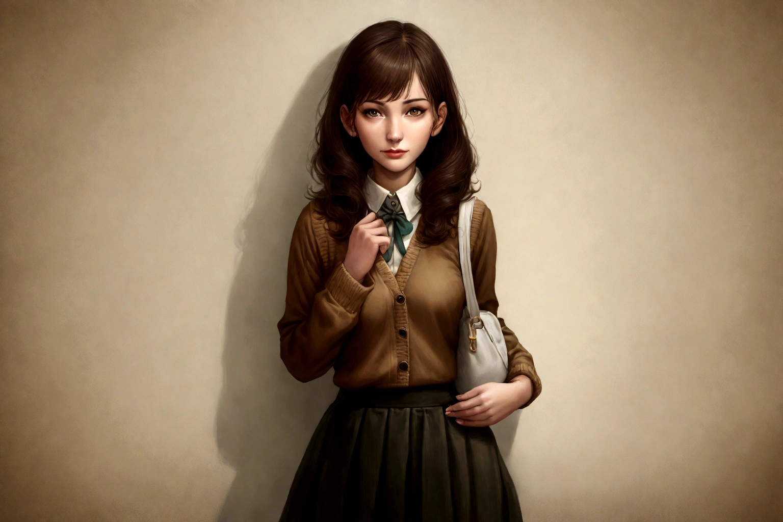 (Best quality, high resolution: 1.2), Ultra-detailed, (Realistic: 1.37) brunette, médium brown hair, brown eyes, small cheast, 30 years, full body, whith a skirt and shirt college style 
