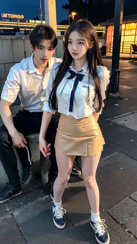 (((NFSW : 1.2))), (((pornography))), (realistic), (intricate details:1.2), (masterpiece、:1.3), (top quality:1.4), (Ultra A high resolution:1.2), Ultra A high resolution, 8K resolution, very detailed expression, dark, (high quality), complete anatomy, natural anatomy, full body photo, 1 Girl being taken away by 2 men, a girl is 18 years old, (she is call girl:1.5), (bad behaved high school student : 1.5), (Korean:1.7), (beautiful : 1.4), (Shiny blonde banging), (earrings), light makeup, long legs, (a girl wore flesh colored realistic pantyhose and flat sneakers : 1.3), (a girl weared slim pencil mini skirt of school_uniform and blouse : 1.6), (they are wearing a slim blazer), (boys weared normal  that is manwear), glowing skin, The boys who love her body, (She is being sexually harassed by boys : 1.5), (a boy grabbed her thighs.), (a boy kissed her) , (night : 1.5), dark, neon sign, (place is the bad boy's hideout : 1.4), (detailed background:1.2),(a girl has enjoy sexual play with several men of Korean high school students : 1.4), (One pair of shoes are always symmetrical:1.5), they are bad_behaved teenagers,