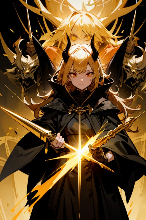 A female devil, gold hair, gold daggers in hands, black robes, black cloak, gold eyes, gold-black horns