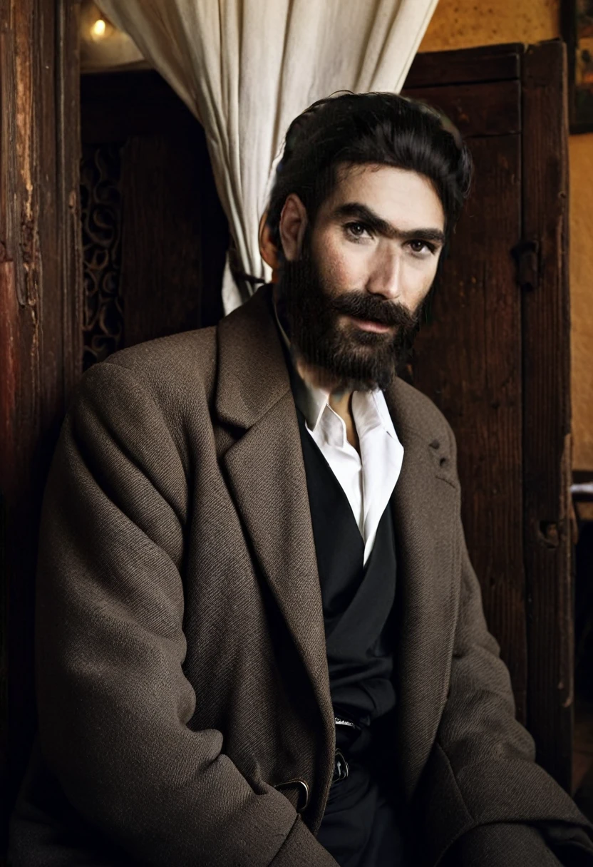 arafed man with a beard and a black classic coat and white blouse is sitting in an old restaurant ,, portrait of bedouin d&d, sergey zabelin, inspired by irakli nadar, inspired by Santiago Martínez Delgado, inspired by Alphonse Legros, by Artur Tarnowski, inspired by Gabor Szikszai, fine portrait