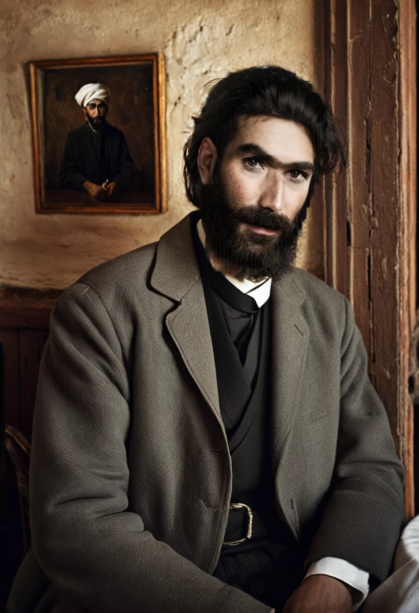 arafed man with a beard and a black classic coat and white blouse is sitting in an old restaurant ,, portrait of bedouin d&d, sergey zabelin, inspired by irakli nadar, inspired by Santiago Martínez Delgado, inspired by Alphonse Legros, by Artur Tarnowski, inspired by Gabor Szikszai, fine portrait
