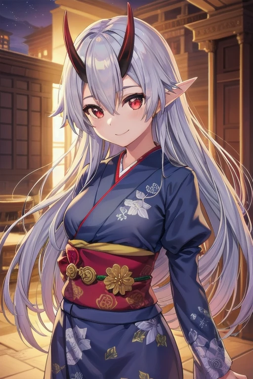 masterpiece, best quality, 1girl, tomoe gozen, torino style, glowing red eyes, smug smile, hair between eyes, silver long hair, elf, oni horns, long kimono, puffy sleeves, hands behind back, fantasy, detailed face, extremely detailed, photorealistic, vivid colors, dramatic lighting