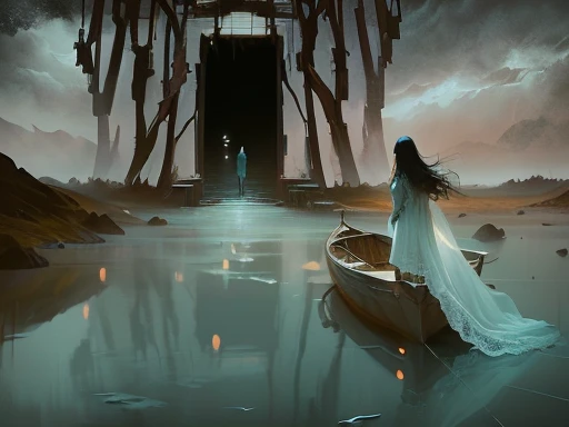 there is a woman in a long dress standing in a boat, an expressive digital painting, dreamlike digital painting, blurred and dreamy illustration, blurry and dreamy illustration, atmospheric. digital painting, expressive digital painting, an ominous fantasy illustration, desolate. digital illustration, calm night. digital illustration, mood painting, serene illustration, fantasy digital painting, a beautiful artwork illustration