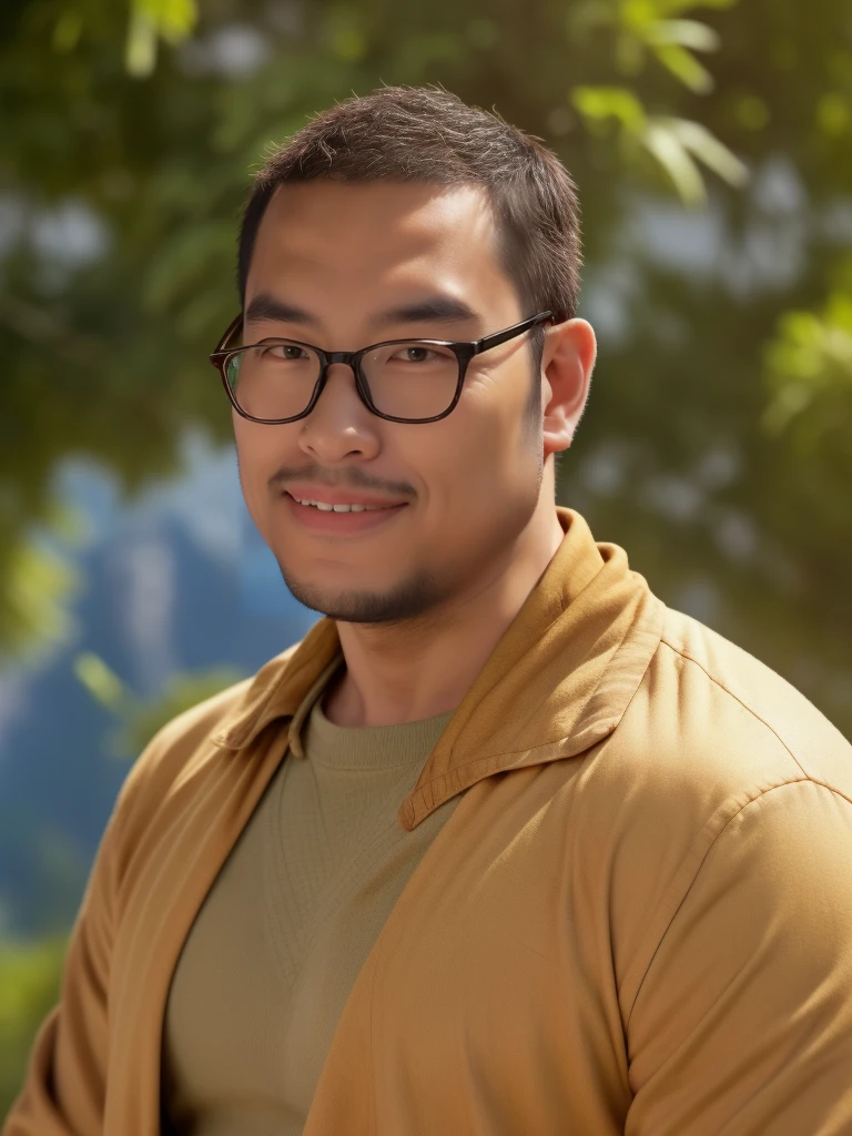 An award-winning original photo，a handsome 38-year-old man, crew cut, (((full body))), (((landscape))), mature man, [slightly fat], asian man, rounded face, brown eyes, ((rounded face)), glasses, fair skin tone, light skin tone, (((balding))), 1boy, Solo, (big shoulders), musculature, (((stubbles, Short beard))), (Beautiful eyes:1.3), (Detailed face:1.3), wearing glasses, Dynamic Angle, volumetric lighting, (Best quality, A high resolution, Photorealistic), Cinematic lighting, Masterpiece, RAW photo, Intricate details, (extremely detailed 8k wallpaper), masterpiece 16k photo, scholar, scholar oufit, debate with other scholars, reading the ancient script, 